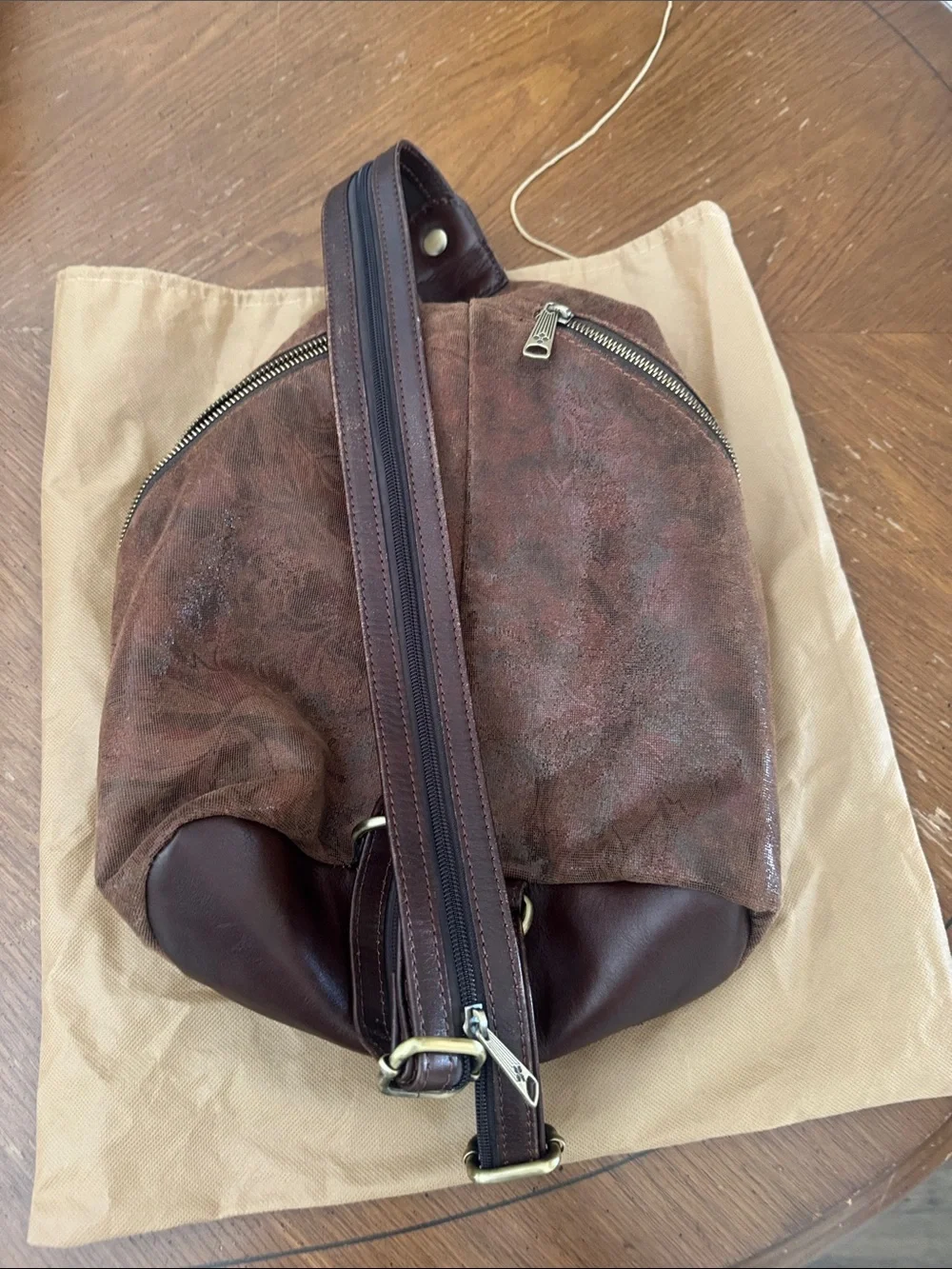 PATRICIA NASH LEAF SUEDE LEATHER CONVERTIBLE SLING BACKPACK JACQUARD DUST BAG